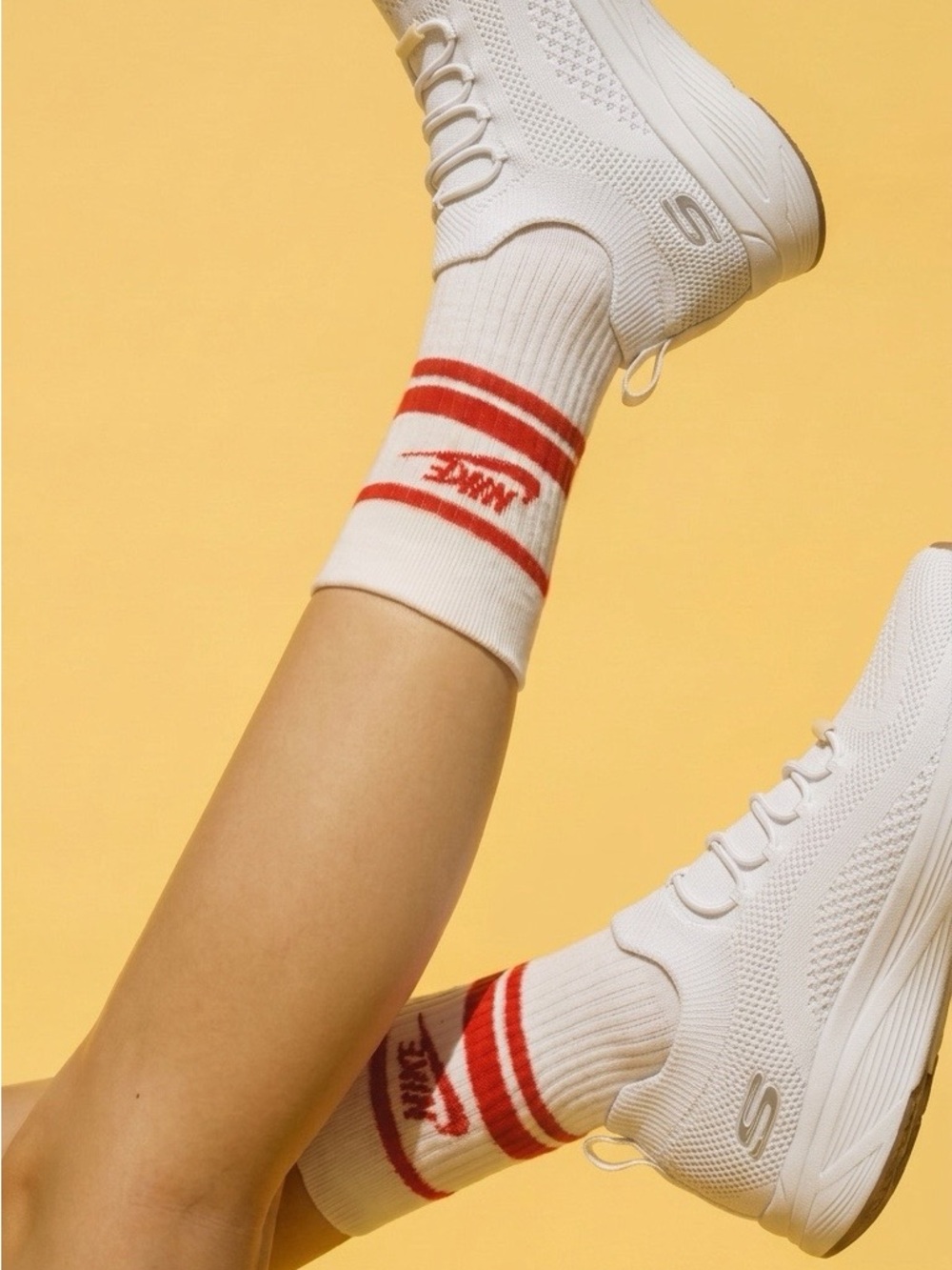 Skechers White Knit Slip-On Athletic Sneakers with Red-Striped Socks